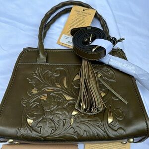Patricia Nash Embossed Vintage Leather Paris Satchel Soft Olive